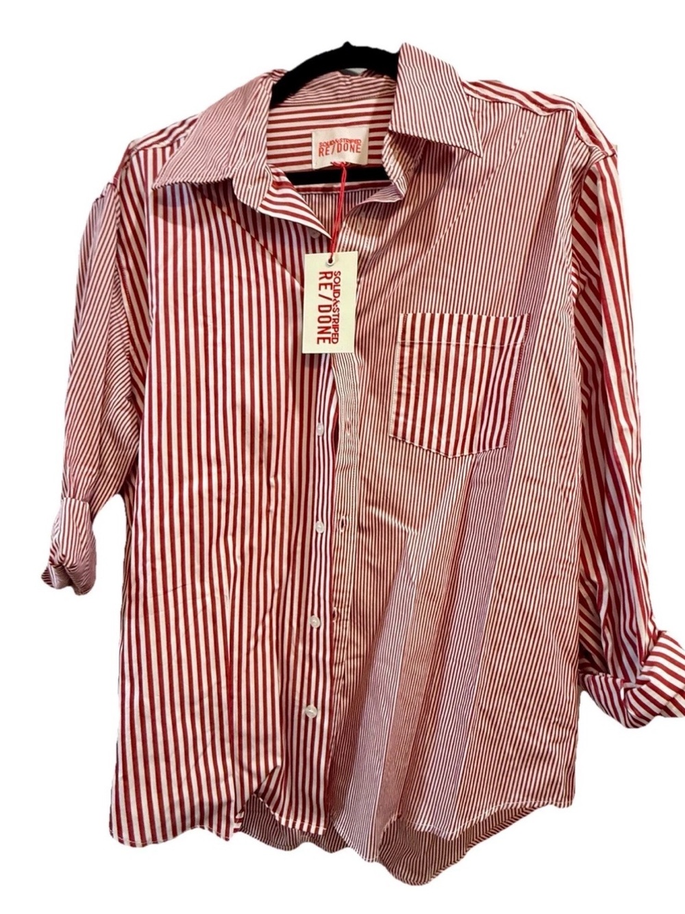 Women Solid & Striped Re/Done Oxford Tunic Dual Double Striped Red Shirt Size M